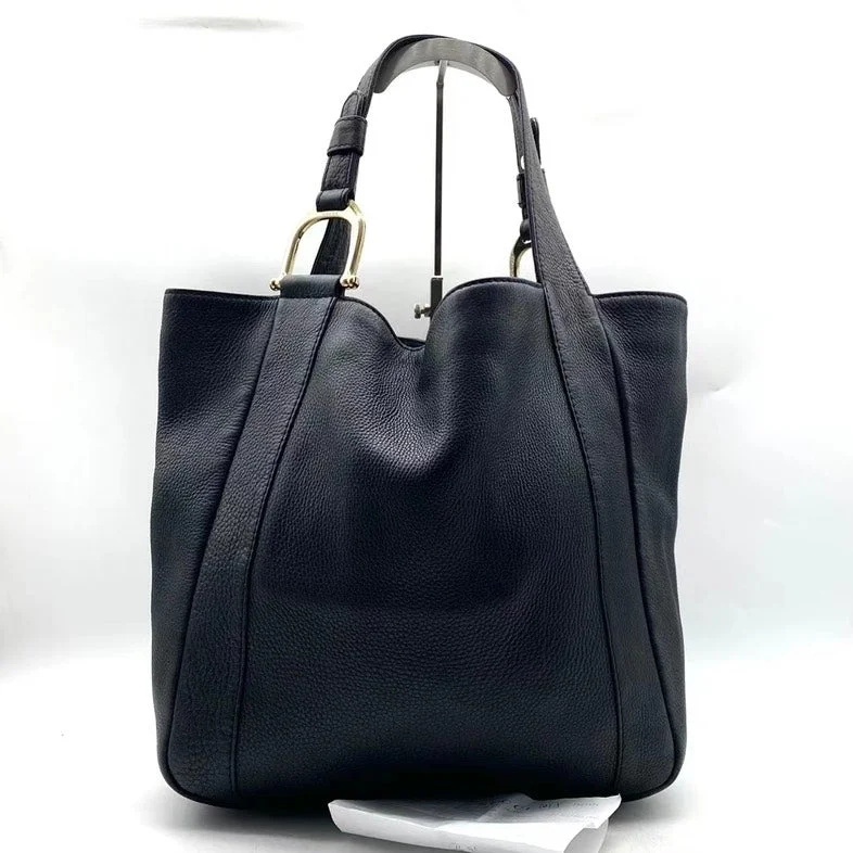 Gucci Black Leather Tote Bag With Gold Accents - Large Size