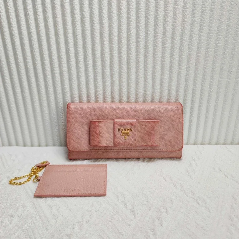 Prada Pink Leather Saffiano Bow Wallet with Card Holder