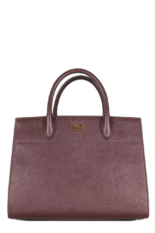 Prada Maroon Small City Biblioteque Tote Burgundy Saffiano Leather Shoulder Bag