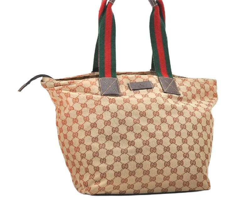 Authentic GUCCI Web Sherry Line Tote Bag GG Canvas Leather 131231 Brown 6445K