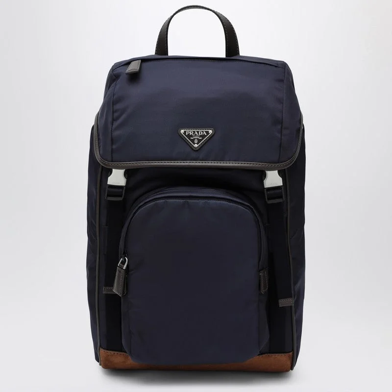 Prada Blue Re-Nylon And Leather Backpack With Snap Fastener Men