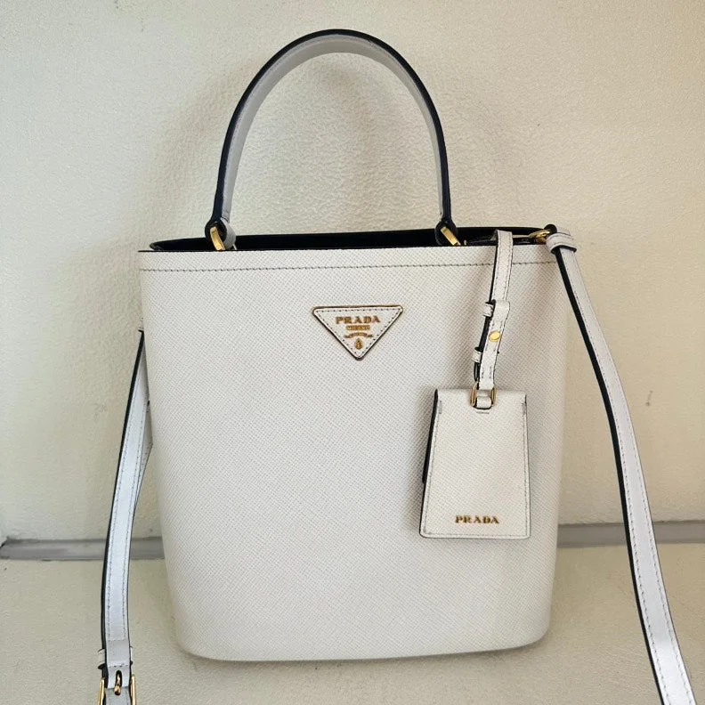 Prada Saffiano Leather 2way White Bucket Bag Medium