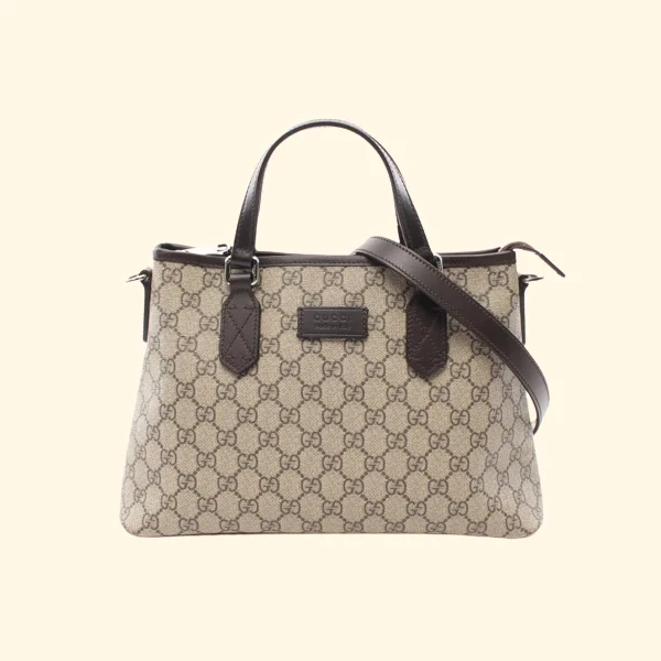 Gucci Gg Supreme Handbag Pvc Leather Beige Dark Brown 2Way