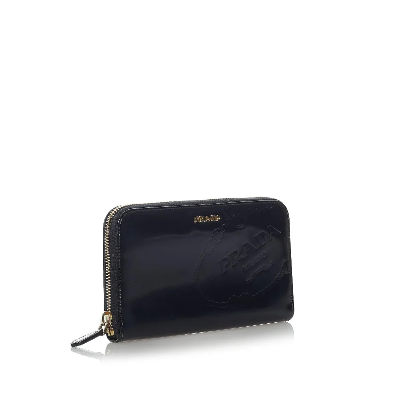 Prada Canapa Logo Patent Leather Zip Around Wallet (SHG-32772)