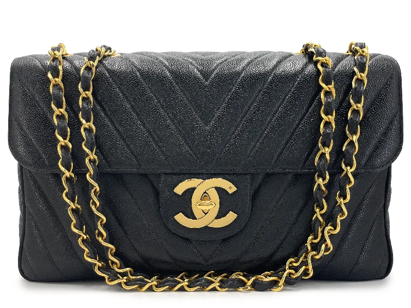 Chanel Vintage Chevron Caviar Maxi Flap Bag 1994 Black XL Classic 24k GHW MRJ