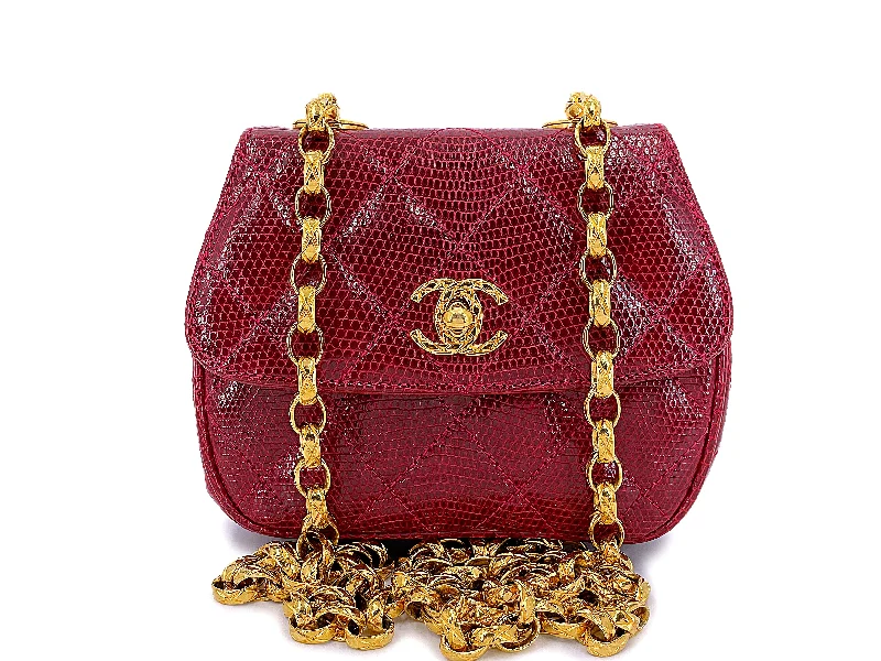 Chanel Vintage Lizard Mini Flap Bag 1980s Rare Red Etched Chain Round PSK