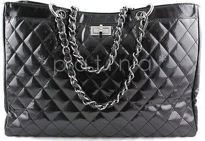 Chanel Black Patent Quilted Caviar Diamond Shine XL Shopper Tote Bag