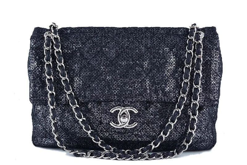 Chanel Black 13in. Maxi Quilted Sequin Classic 2.55 Jumbo XL Flap Bag