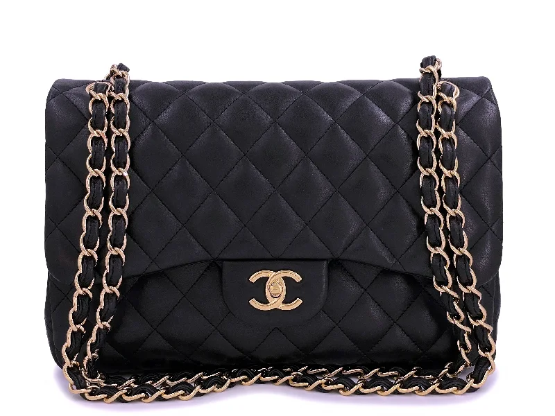 Chanel Black Jumbo Classic Flap Bag Lambskin Double GHW PU9