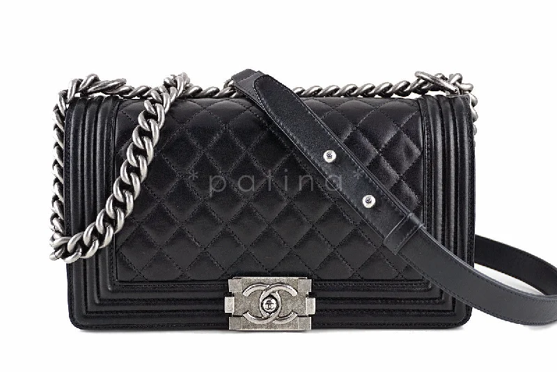 Chanel Black Le Boy Classic Flap Ruthenium RHW, Medium Lambskin Bag