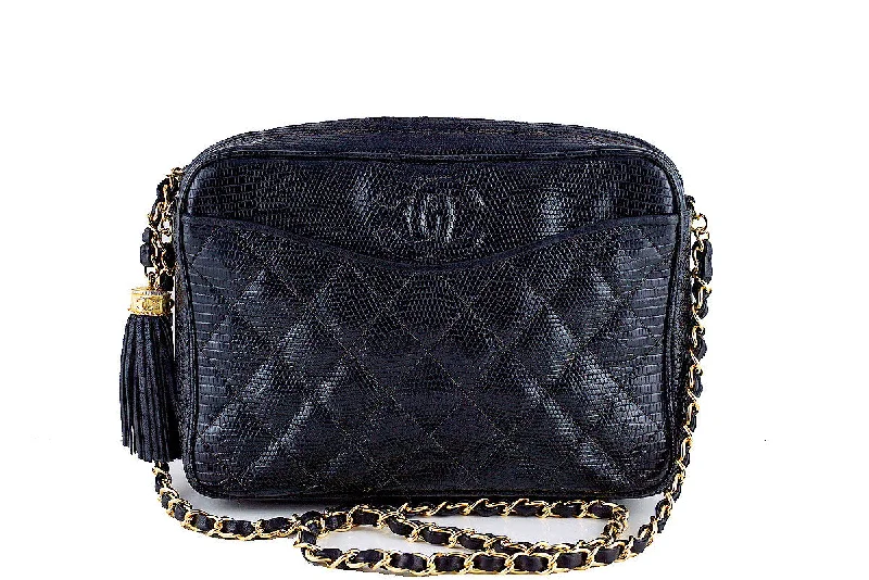 Chanel Black Lizard Classic Quilted Camera Case Bag