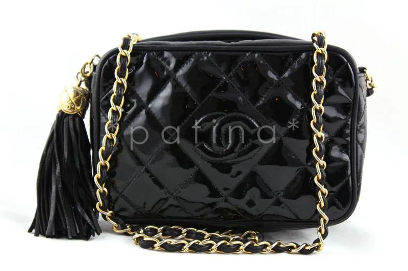 Chanel Black Patent Lambskin Classic Quilted Camera Case Bag