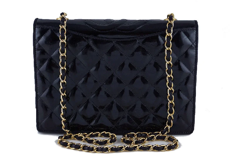 Chanel Black Patent Quilted Vintage Timeless Logo Classic Flap Bag