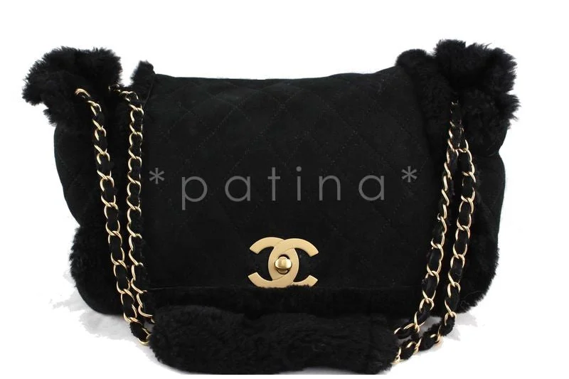 Chanel Black Quilted Suede/Shearling Jumbo Classic Flap Bag