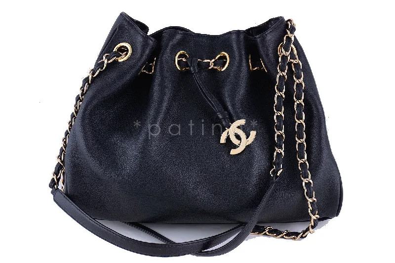 Chanel Black Soft Textured CC Logo Drawstring Tote Shopper Bag