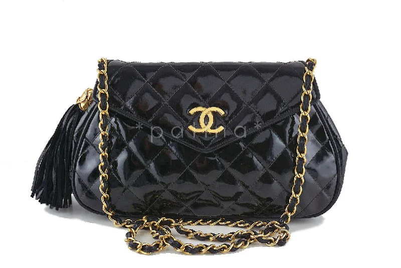 Chanel Black Vintage Patent Angled Classic Flap with Tassel Bag