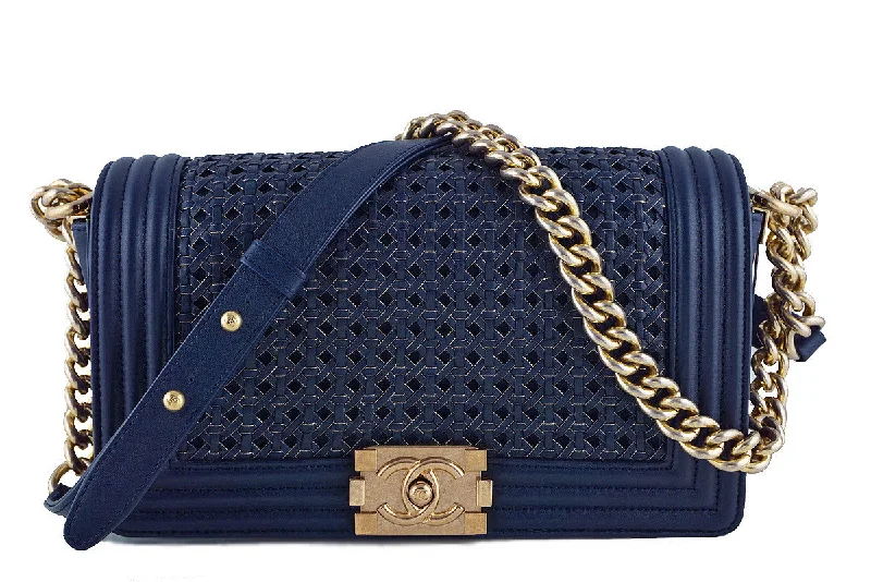 Chanel Boy Bag, Navy Blue Medium Gold-Trimmed Woven Flap