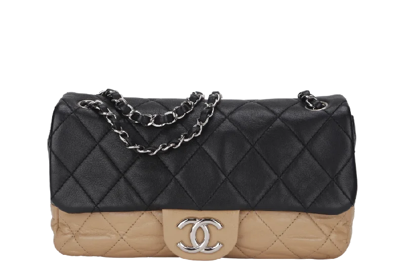 CHANEL CLASSIC FLAP BICOLOR (1267xxxx) MEDIUM BLACK & BEIGE LAMBSKIN SILVER HARDWARE WITH CARD, NO DUST COVER