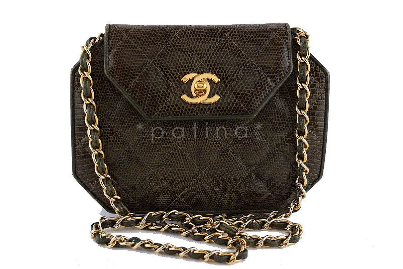 Chanel Lizard Angled Mini Quilted Classic Flap Olive Brown Bag