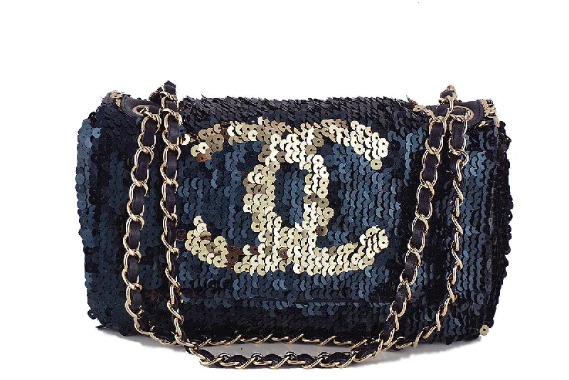 Chanel Navy Gold LIMITED Summer Nights Sequins Reversible Flap Bag