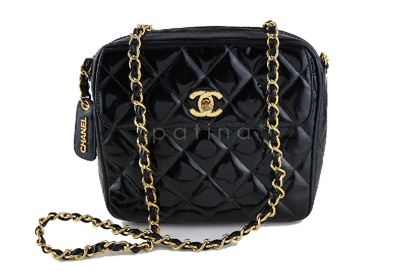 Chanel Patent Black Classic Quilted Small Flap Camera Case Bag