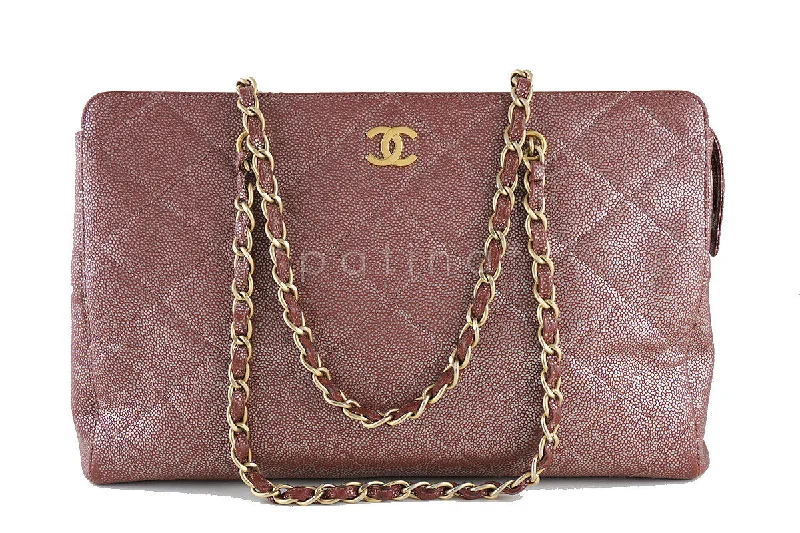 Chanel Pink Bronze Metallic Caviar Quilted Large Shopper Tote Bag