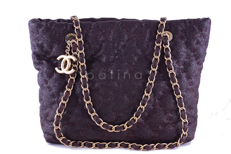 Chanel Plum Violet Quilted Caviar Brushed Gold Charm Tote Bag