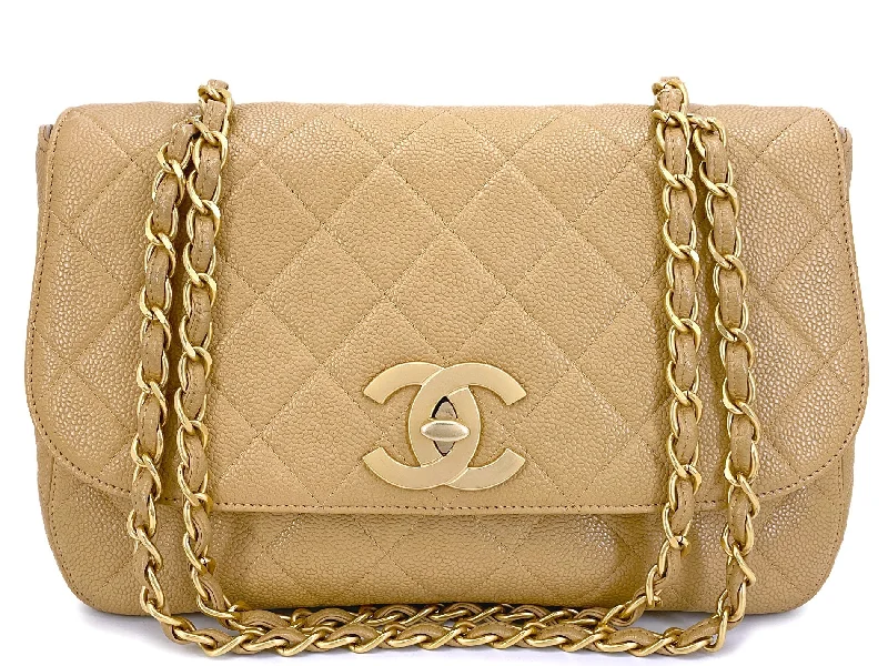 Chanel Vintage Beige Curved Caviar Jumbo Flap Bag 24k GHW Classic 2001 MQV