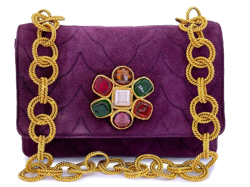 Chanel Vintage Jeweled Gripoix Flap Bag 1991 Purple Quilted Suede 24k GHW 58R