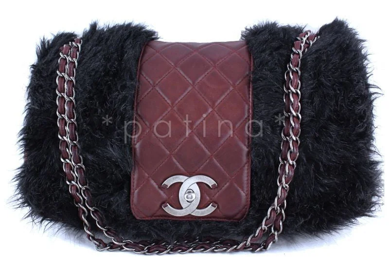 Chanel 16in. Burgundy Maxi XL Jumbo Quilted Classic Fur Vested Fantasy Flap Bag