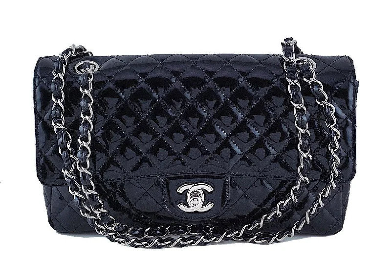 Chanel Black Glossy Patent Quilted Classic Label Flap Bag