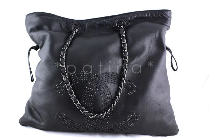 Chanel Charcoal Gray XL Soft Lambskin Studded Hobo Shopper Tote Bag