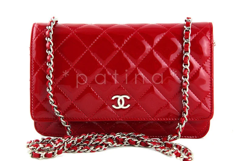 Chanel Red Patent WOC Wallet on Chain Classic Quilted Flap Bag, Full Set