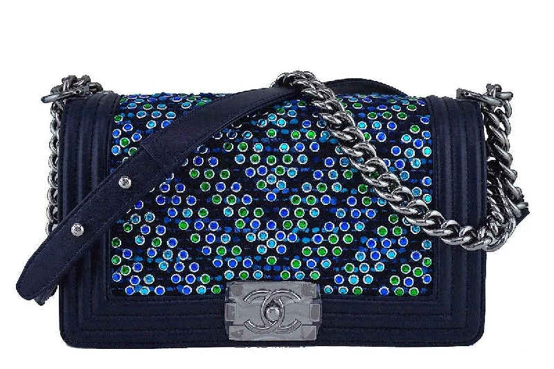 NIB 17S Chanel Rare Jeweled Tweed Lambskin Navy Blue Medium Boy Flap Bag