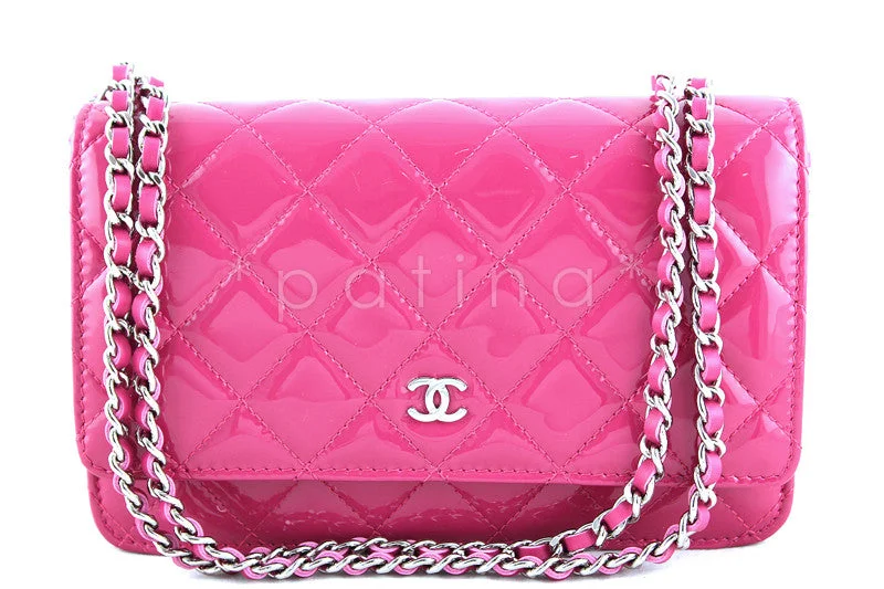 NWT 14S Chanel Fuchsia Pink Patent Classic Quilted WOC Wallet on Chain Flap Bag