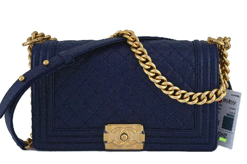 NWT 17A Chanel Navy Blue Le Boy Classic Flap, Medium Caviar Bag