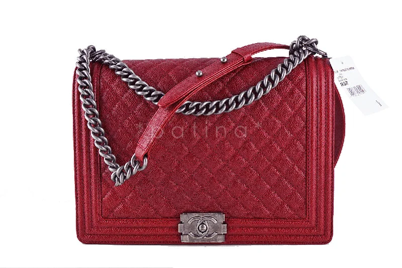 NWT Chanel Red Caviar Large Boy Classic Flap Ruthenium RHW Jumbo Bag