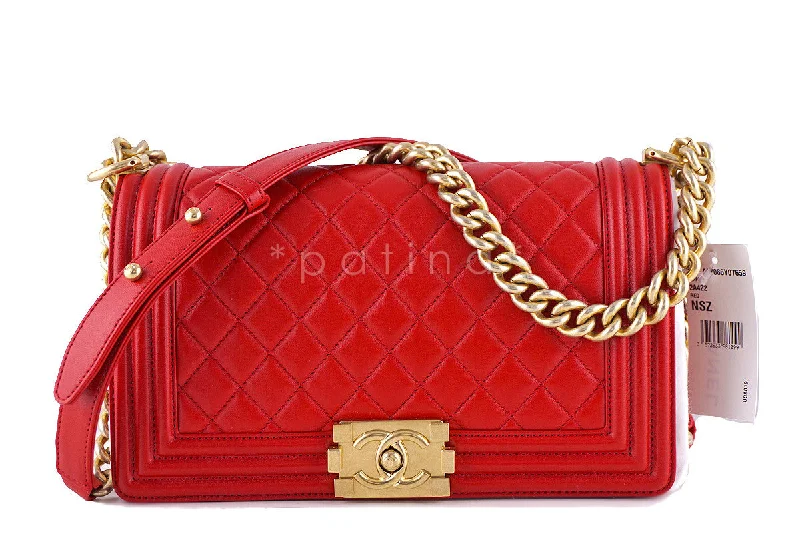 NWT Chanel Red Le Boy Classic Flap Gold GHW, Medium Lambskin Bag