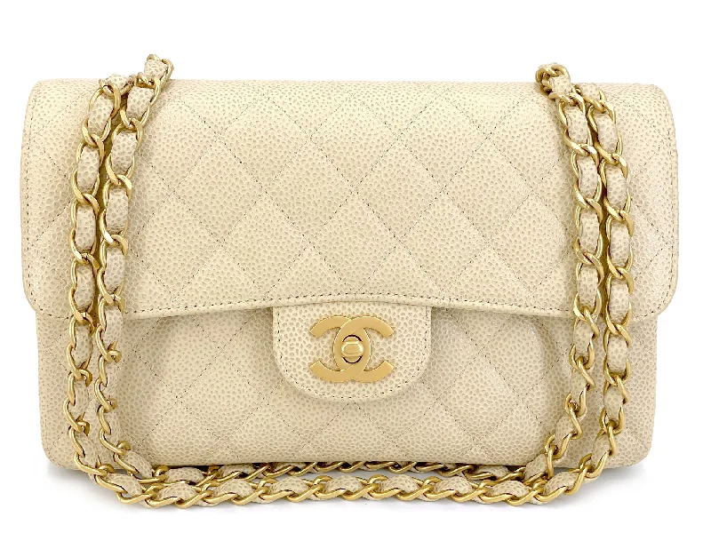 Pristine Chanel 2001 Vintage Pale Beige Speckled Caviar Small Classic Double Flap Bag Brushed 24k GHW CF4