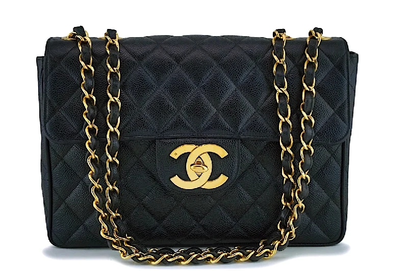 Chanel Vintage Black Caviar Jumbo Classic Flap Bag 24k GHW