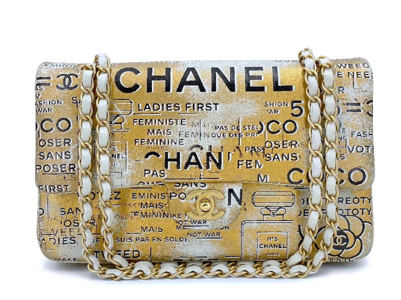 Chanel Newspaper Flap Bag 2015 Gold Graffiti Medium Double Classic GHW