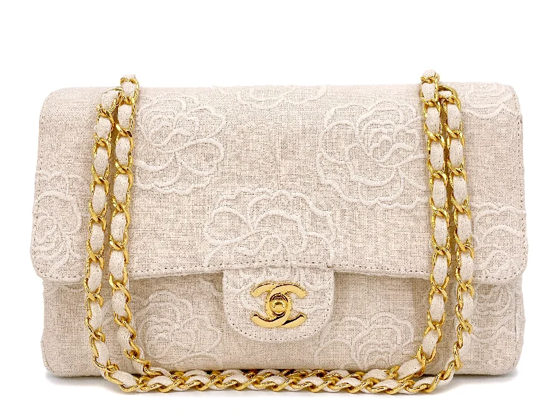 Chanel 1997 Cream White Linen Camellia Medium Double Flap Bag 24k GHW