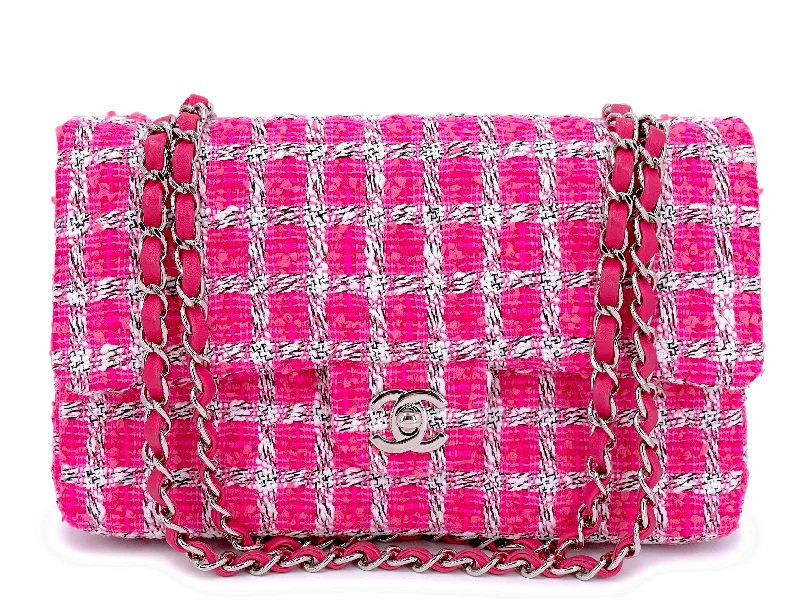 Chanel Pink Tweed Medium Classic Double Flap Bag SHW