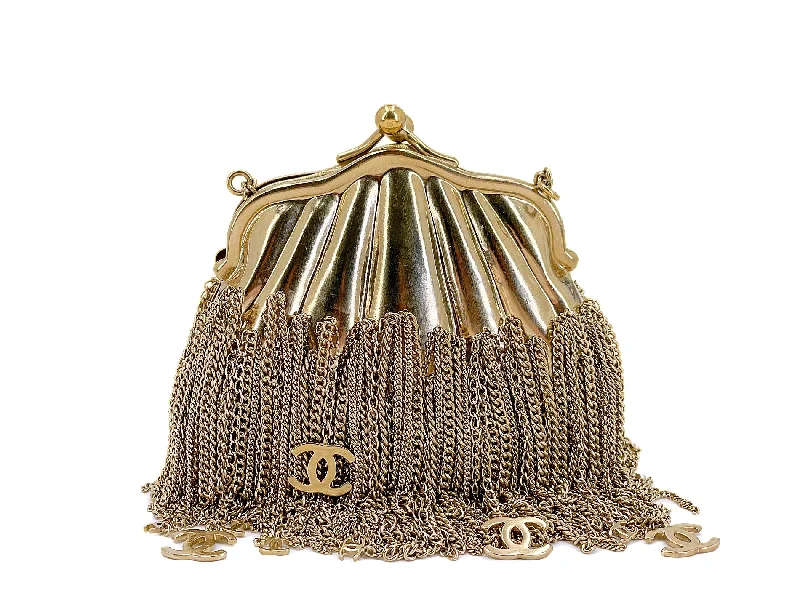 Chanel 2004 Vintage Gold Plated CC Fringe Minaudière Kisslock Clutch Bag 7VI