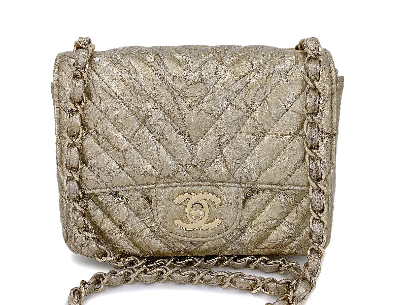 Chanel 18S Distressed Gold Crumpled Calf Patent Chevron Square Mini Flap Bag