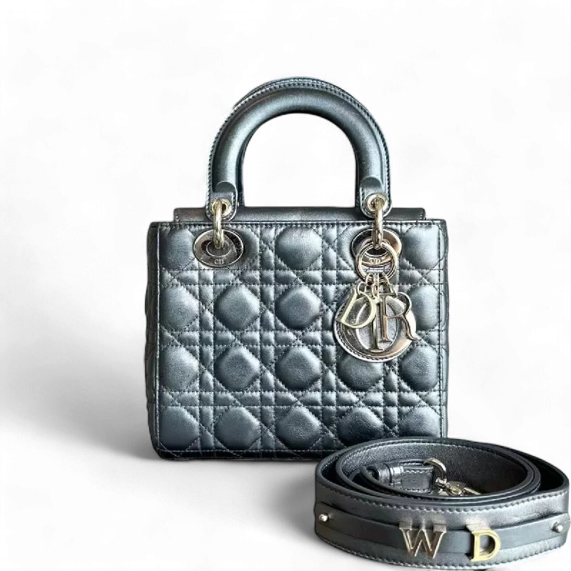 *ABC Strap* Dior Lady Small MyABC Cannage Calfskin Metallic Gunmetal Grey Golden Hardware