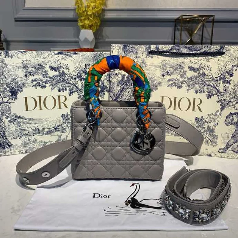 Christian Dior Small Lady Bag Silver Hardware with Embellished Bag