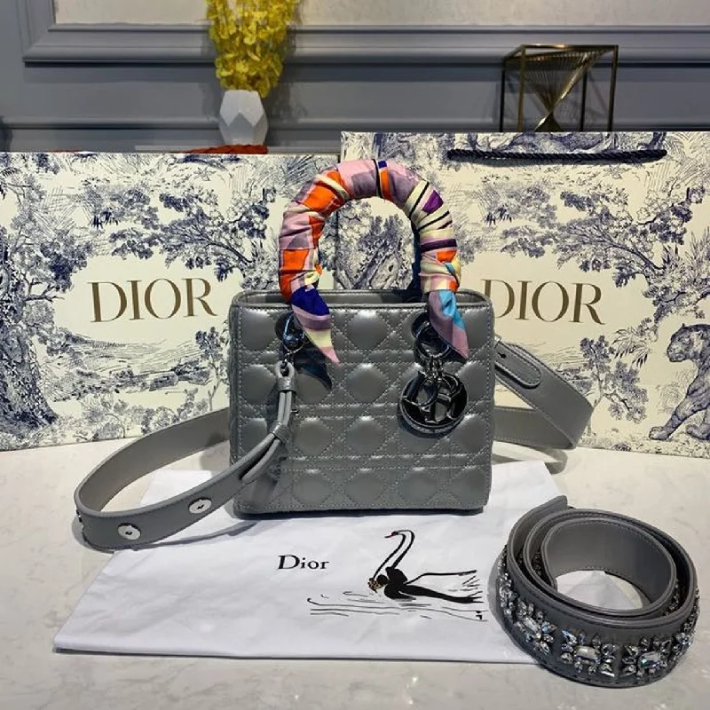 Christian Dior Small Lady Bag Silver Hardware with Embellished Bag