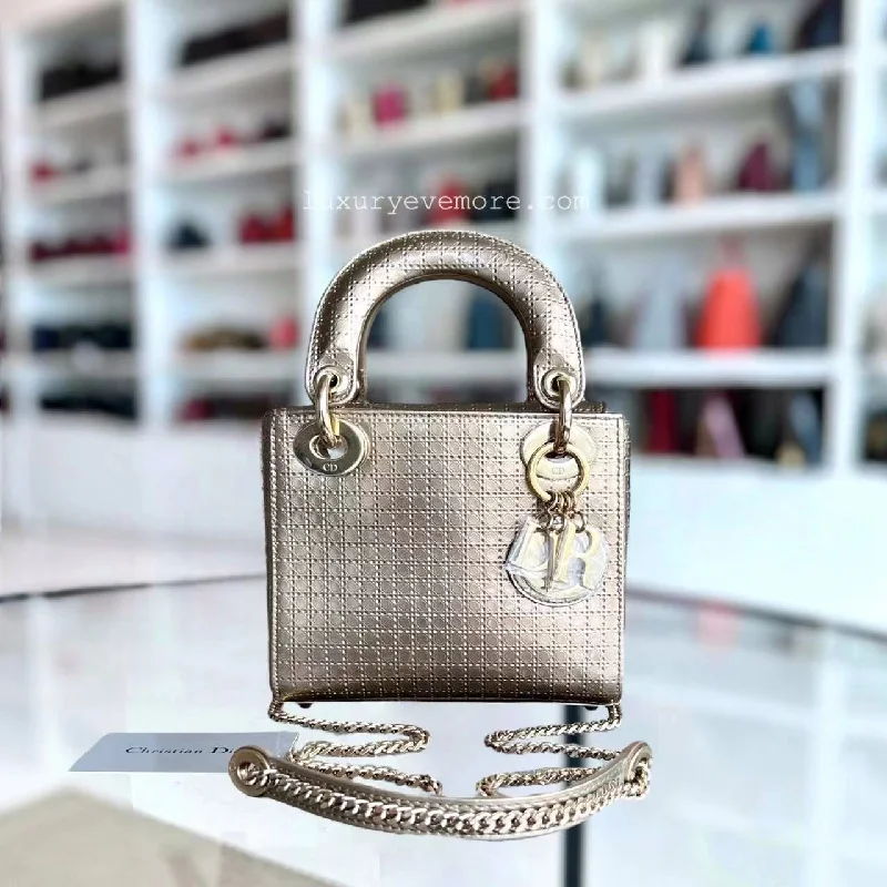 Dior Lady Mini - Micro Cannage Glazed Calfskin Gold Bronze Golden Hardware Chain Strap