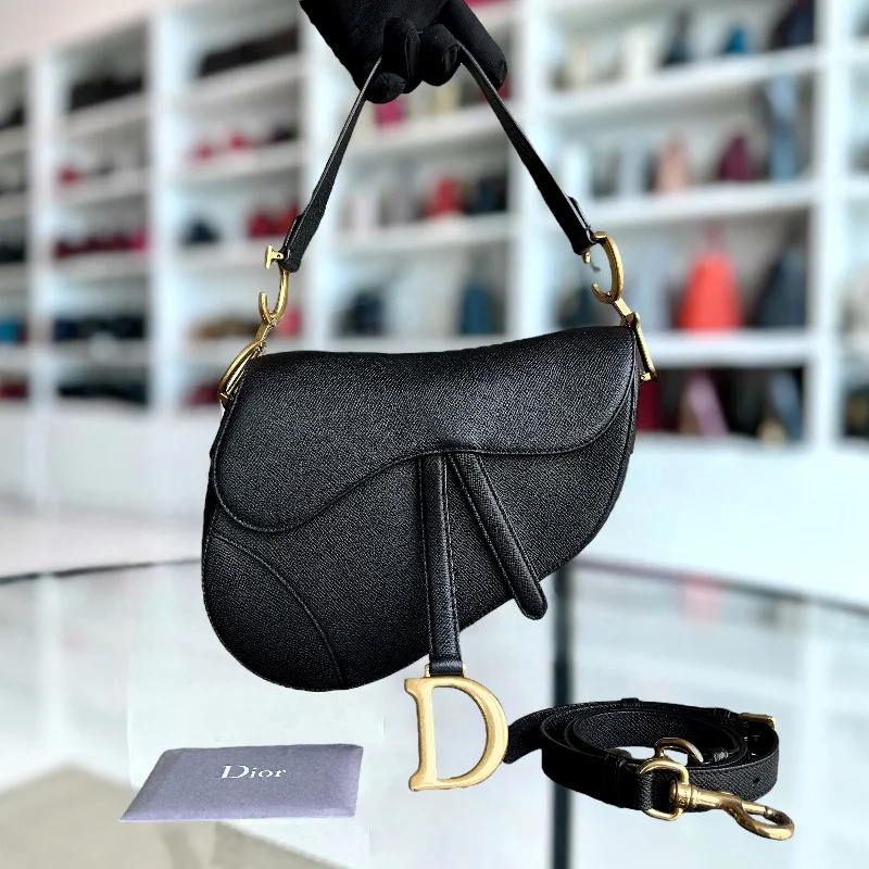 *New Version with Strap* Dior Saddle Medium Grained Calfskin Black Golden Hardware